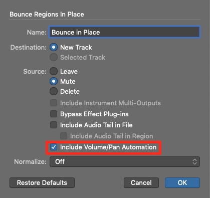 Logic Pro X Bounce Regions in Place Include Volume/Pan Automation